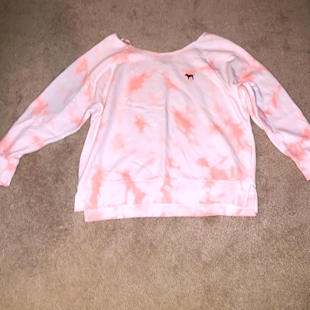 Victorias Secret Pink orange and white marble sweatshirt, L, off the shoulder